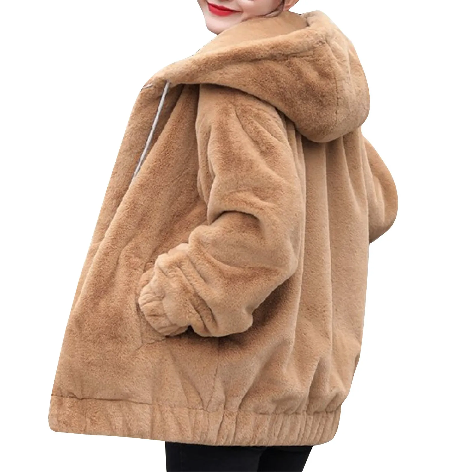 Plush Faux Rabbit Hooded Pocket Jacket For Women\'S Loose Plush Long Sleeved Women\'S Top Chaqueta Mujer Roupas Femininas пальто