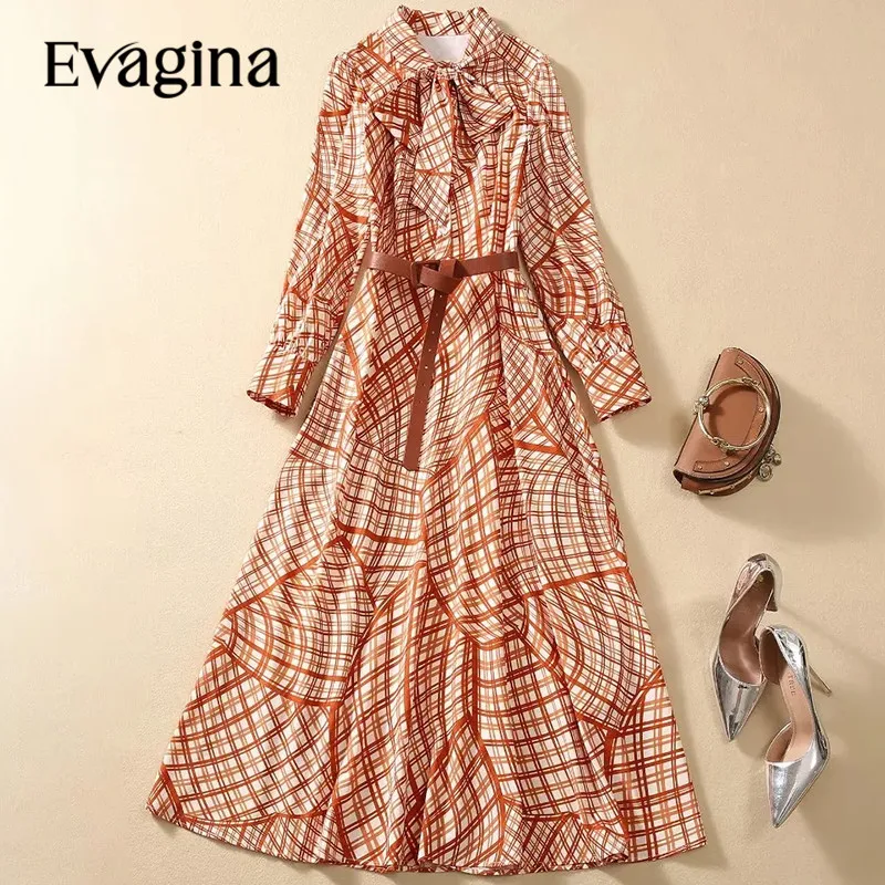 Evagina New Fashion Runway Designer Women's Scarf Collar Long Sleeved Geometric Plaid Detachable Waistband Elegant Dress