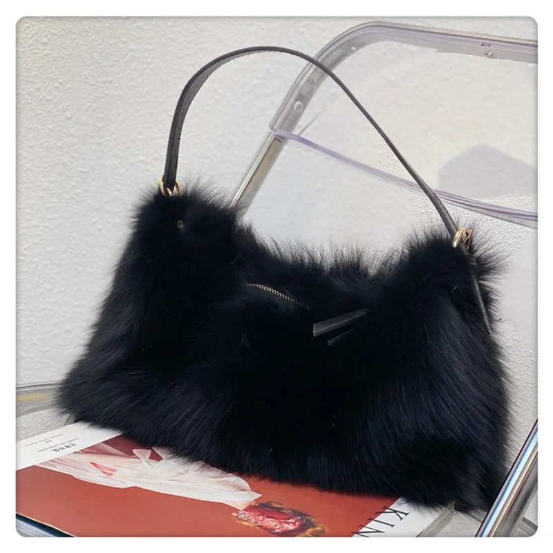 Women\'s High Quality Fur Bag Large Capacity Luxury Fox Fur Handbag Adjustable Strap Design Single Shoulder Fur Bag