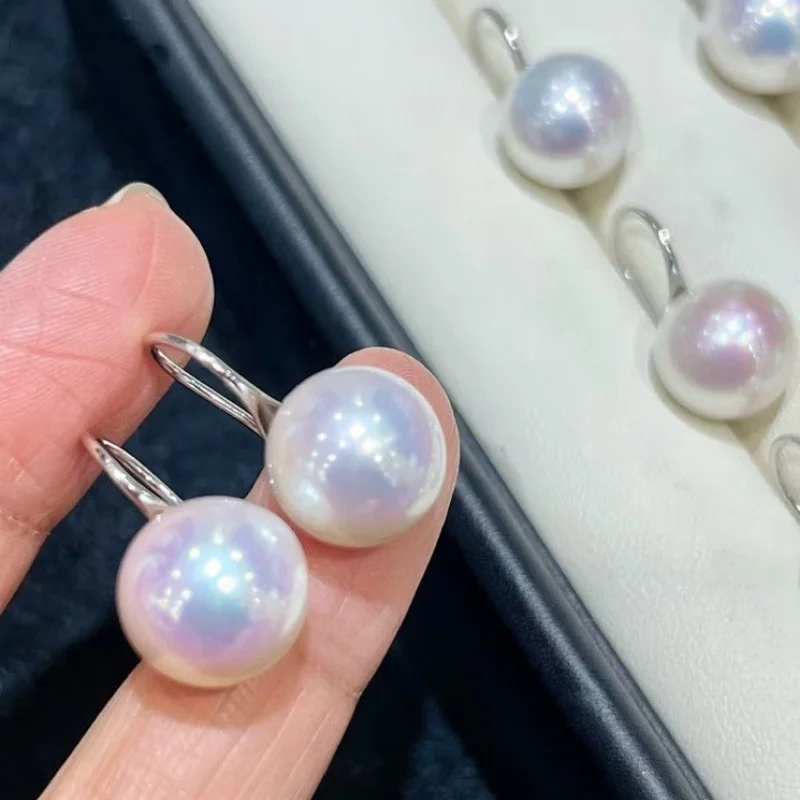 SGARIT Genuine Aurora White-Pink Iridescent Round Pearl Stud Earrings Freshwater Pearl For Women 925 Sterling Silver