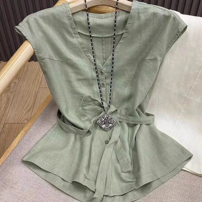 

Green Cotton Ramie Summer Shirts Women Flying Sleeve Lace Up Literary Blouse Loose Single Breasted V Neck Top