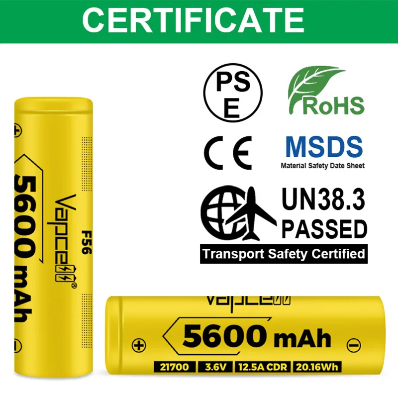 Original Vapcell F56 INR 21700 Battery 5600mAh High Capacity 3.6V Max 12A Rechargeable Lithium Battery For E-bike Scooter Toys