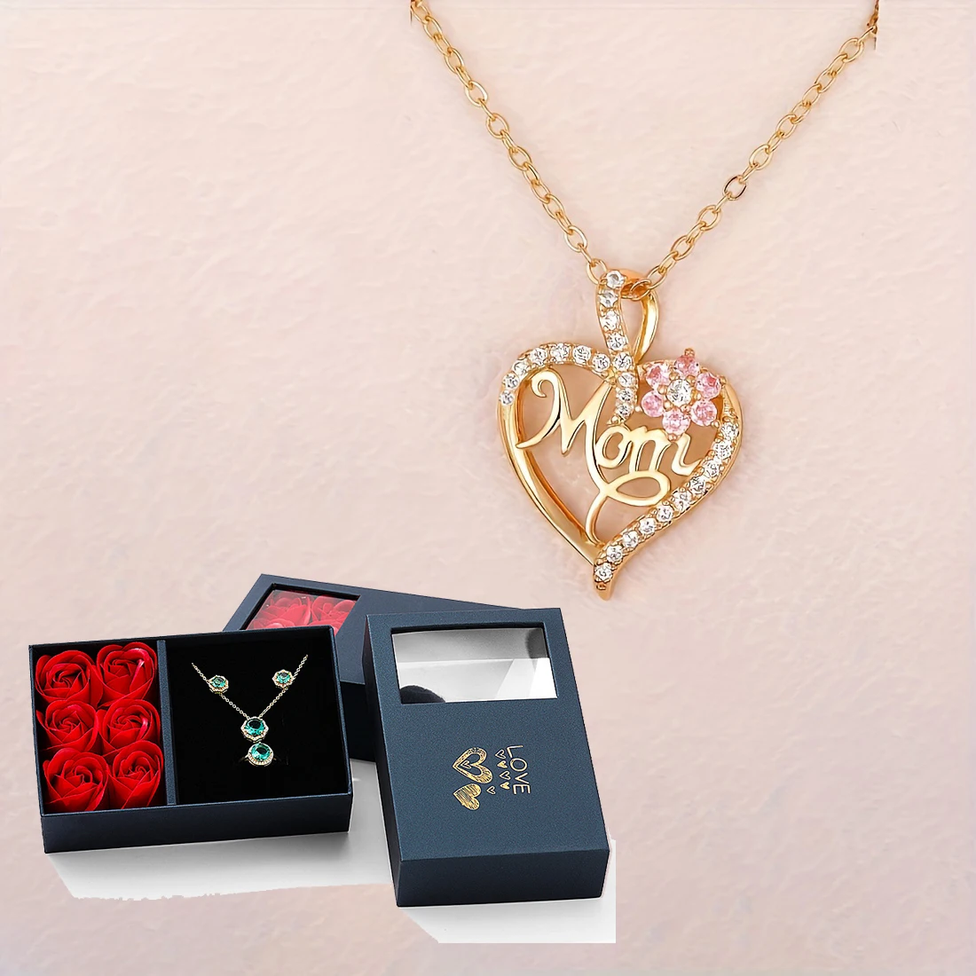 Mom Heart Necklace Flower Zircon Pendant With 6 Roses Gift Box For Mom Mother Day Gift 2024 Hot Luxury Romantic Accessories