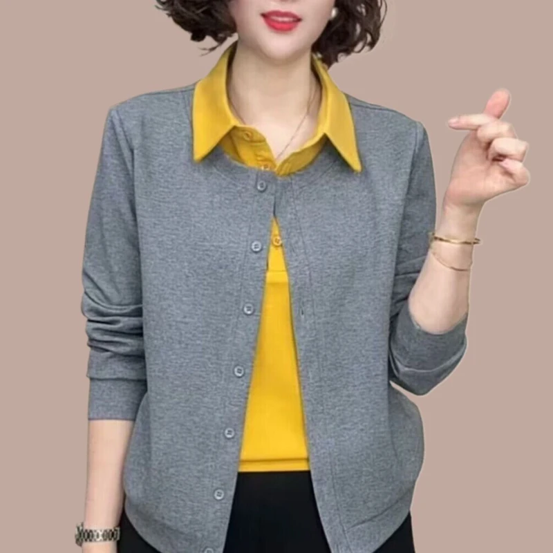 

Spring and Autumn Loose and Fashionable Fake Two-Piece Sweatshirt Fashionable Shirt Collar Top