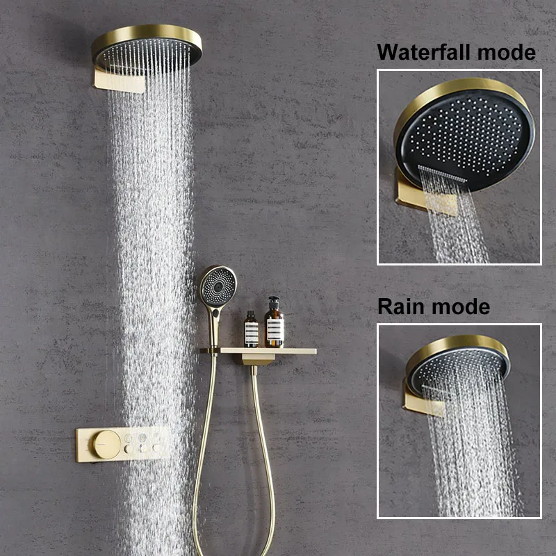 

Душевая система из матового золота, душевая лейка с эффектом дождя, интеллектуальный цифровой дисплей, полностью медный скрытый термостатический смеситель