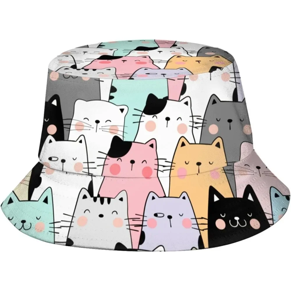 Cute Cat Fisherman Cap Hip Hop Gorras Summer Unisex Cartoon Cat Printing Bucket Hat Outdoor Gardening Beach Hiking Fishing Caps