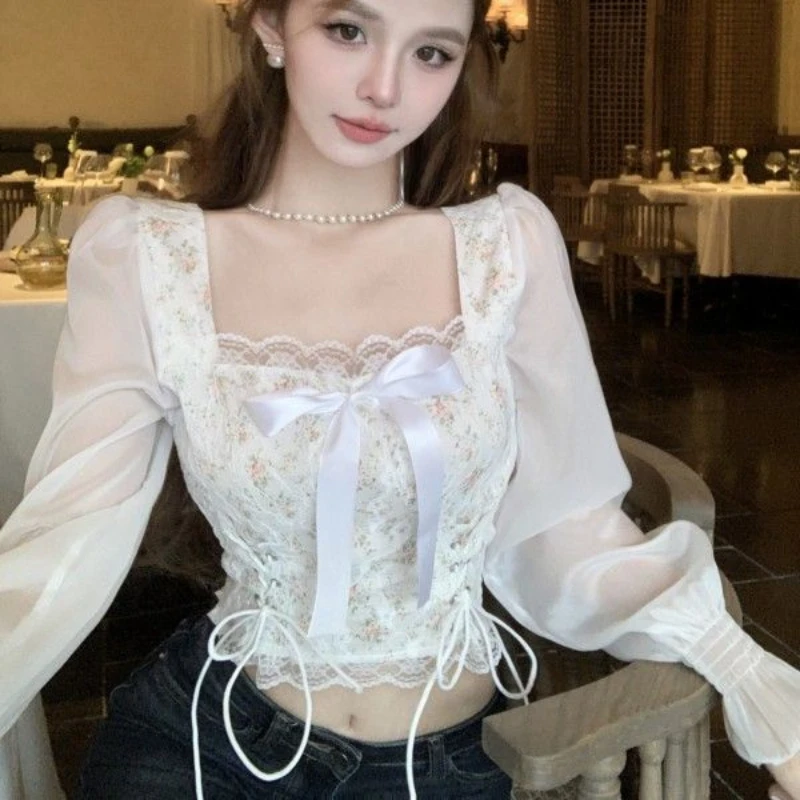 Blouses Women Bow Summer Long Sleeve Crop Casual Tops Streetwear All-match Sweet Girls Lace Hotsweet Tender Fashion Slim Temper