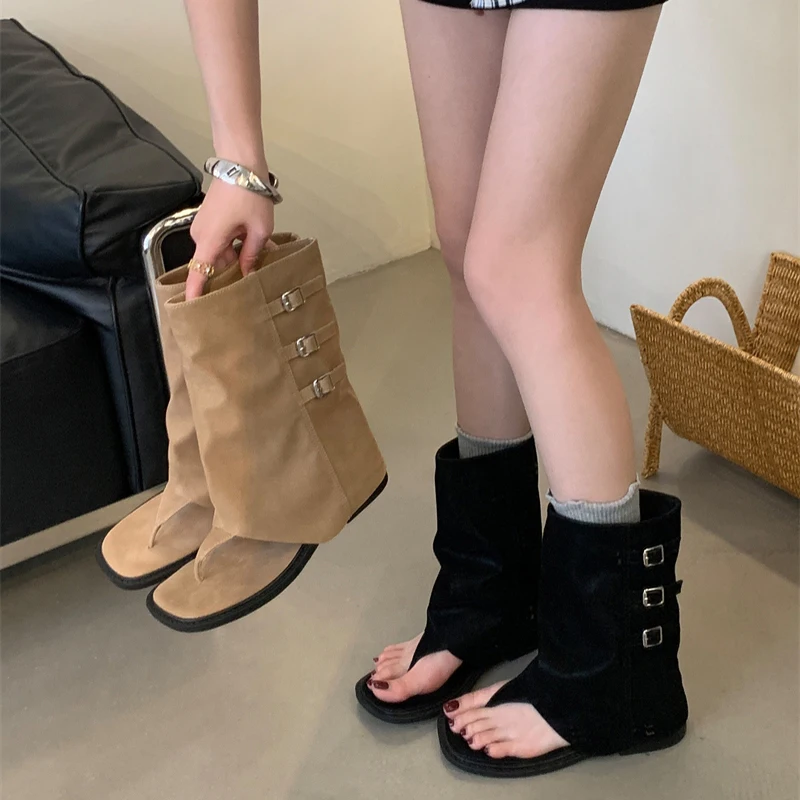 

Pop Clip Toe Women Sandals Boots Fashion Internal Elevation Slip On Shoes Street Style Ladies Mid Calf Booties