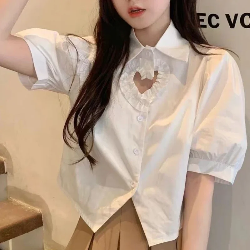 Shirts Women Heart Hollow Out Puff Sleeve Tops Preppy Style Solid Fashion Summer Students Kawaii Lapel Leisure All-match Chic