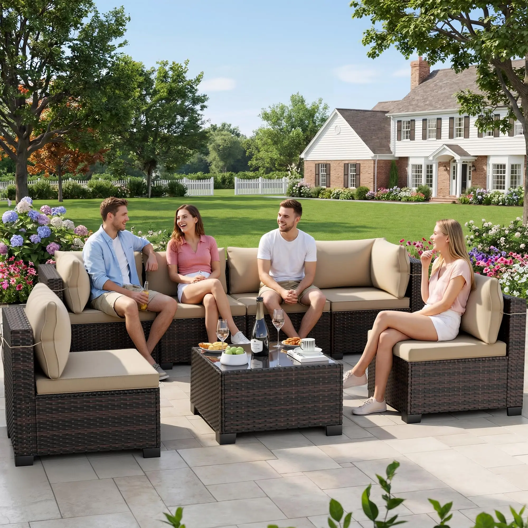 7 Pieces Outdoor Patio Furniture Sets,Rattan Conversation Sectional Set,Manual Weaving Wicker Patio Sofa with Tea Table
