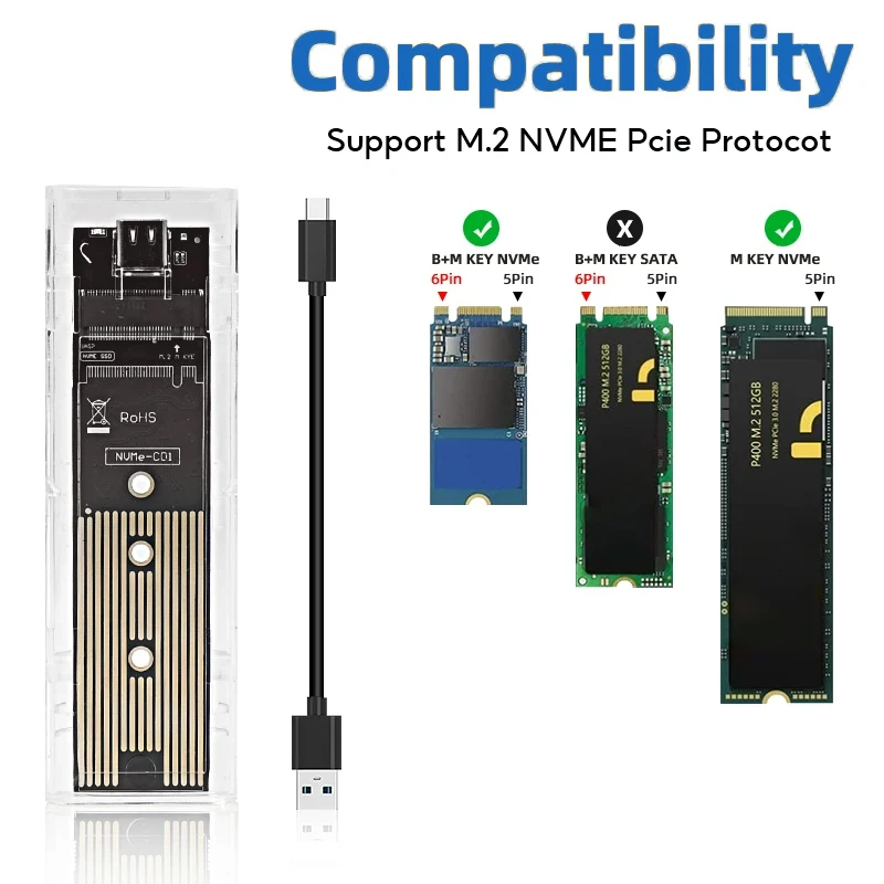 M.2 NVME PCIe NGFF SATA Dual Protocol SSD Case Helder USB Type C 10Gbps PCI-E M2 SSD Transparante externe behuizing Harde schijf Box
