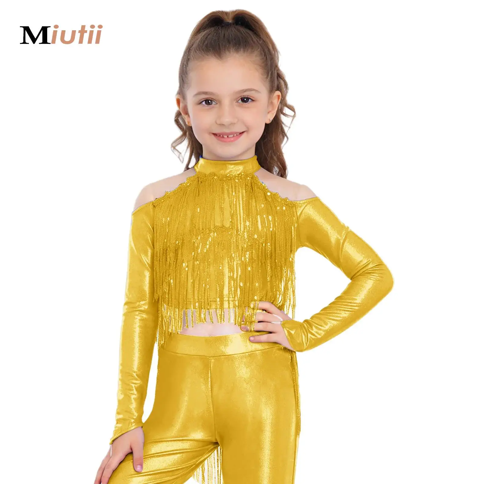 

Kids Girls Modern Jazz Dance Crop Top Metallic Tassels Sequins Long Sleeve T-Shirt Tops Figure Skating Stage Performance Costume