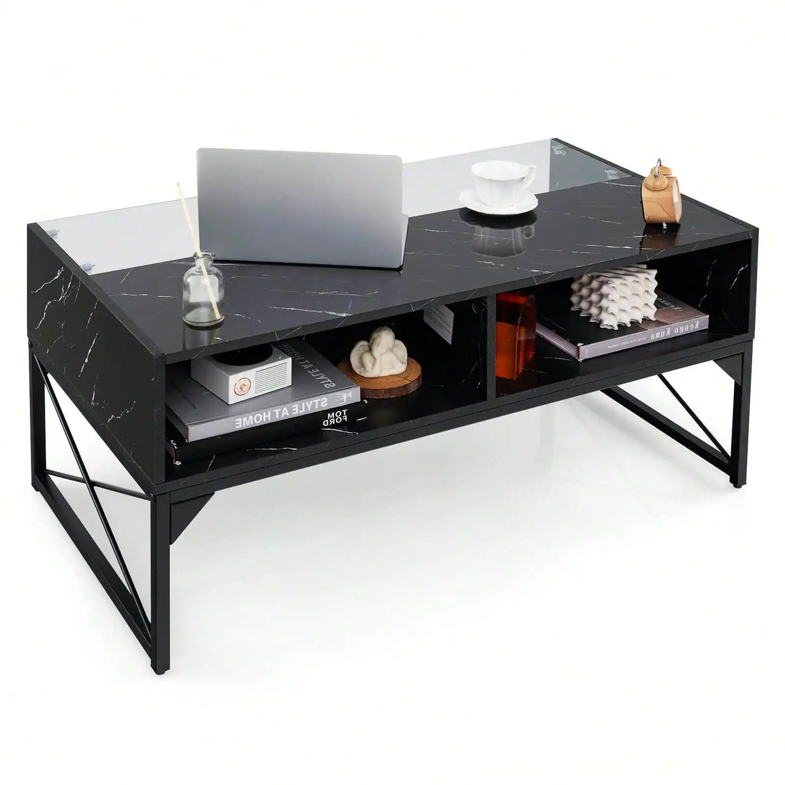 

High-gloss Coffee Table w/ Faux Marble & Tempered Glass Top 4 Storage Cubes