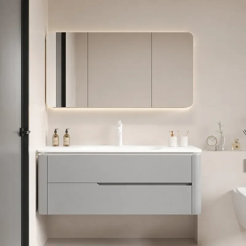 2025 New Oak Bathroom Cabinet with Integrated Basin Cream Color Arc Design Wash Desk and Toilet Combination Modern Style