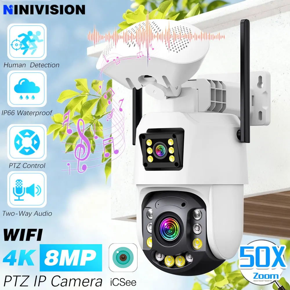 50X 30X Zoom 4K Dual Lens Wifi PTZ IP Security Camera Outdoor 2 Way Audio ICSEE CCTV Surveillance Camera with Bluetooth Speaker