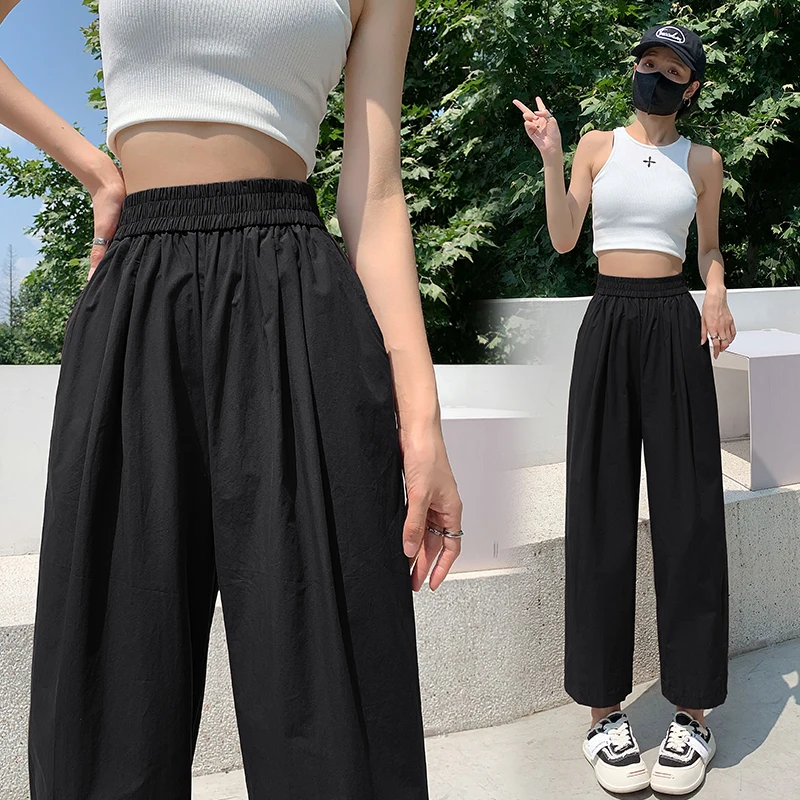 

Elastic waist paper patch pants for women's 2023 summer high waist wide leg pants, cropped pants, thin small casual Harlan pants