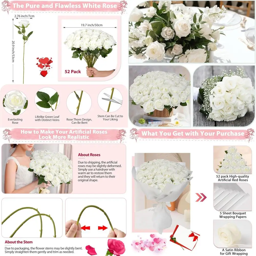 

White Roses Artificial Flowers Bulk, 52Pcs Fake Roses White Flowers, DIY Silk Faux Roses Bouquet, Realistic White Faux Flowers M