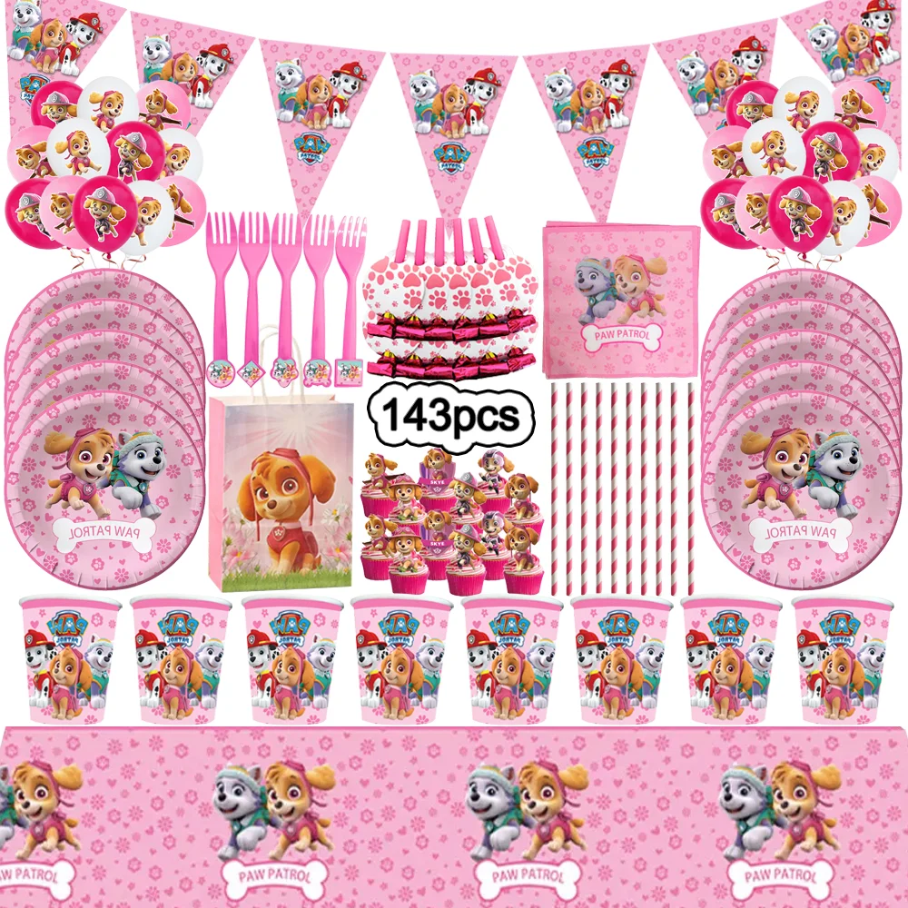 Pink PAW Patrol Birthday Party Decorations Disposable Tableware Skye Balloon Cake Topper Background Girls Baby Shower Supplies