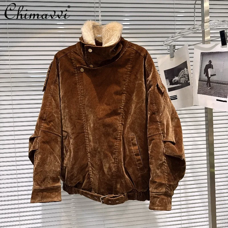 2025 Winter New American Retro Fleece Turn-down Collar Suede Warm Loose Cotton Jacket Fashion Long Sleeve Elegant Cotton Coat