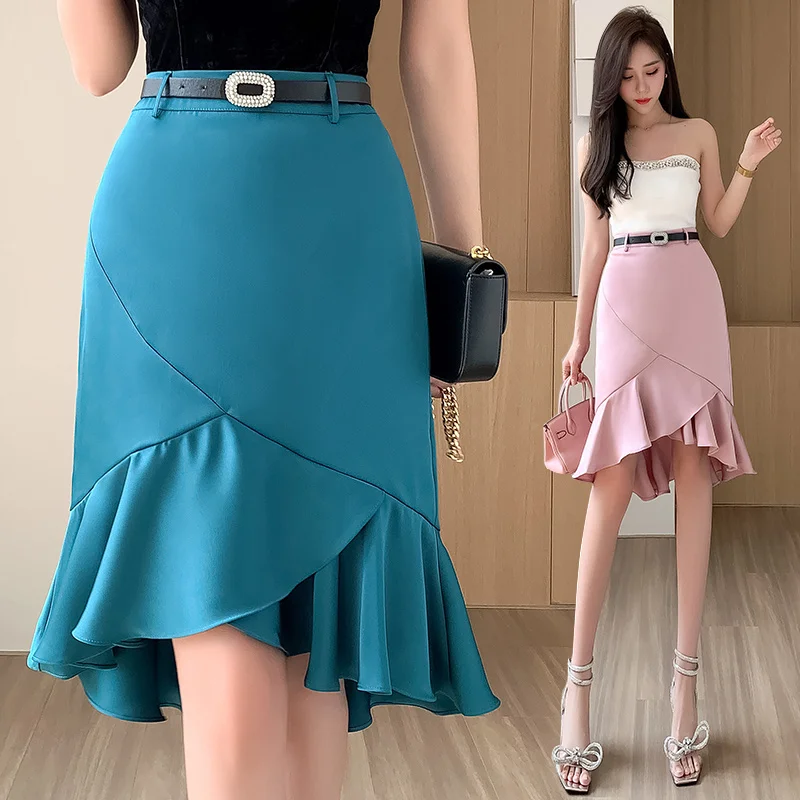 

Woman Clothes Sexy Acetic Acid Satin Irregular Skirt Slim Ruffles Bag Hip Skirts High Waist Elegant Office Lady Party Skirt