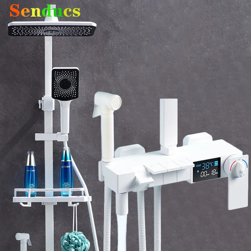 

White Piano Thermostatic Bathroom Shower Sytem Faucets Hot Cold Bathroom Faucet Accessories Thermostatic Digital Shower Set