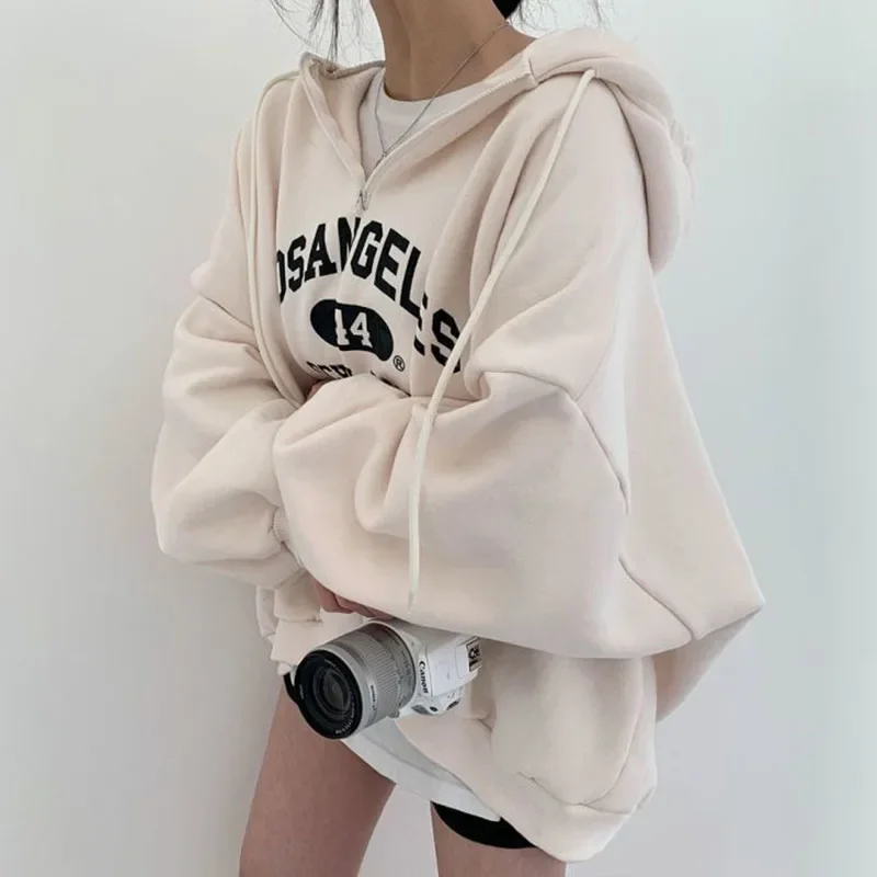 Fashion Letter Print Sweatshirts Women Autumn Winter Loose Preppy Thick Warm Hoodies Harajuku Casual Zipper Hooded Pullovers