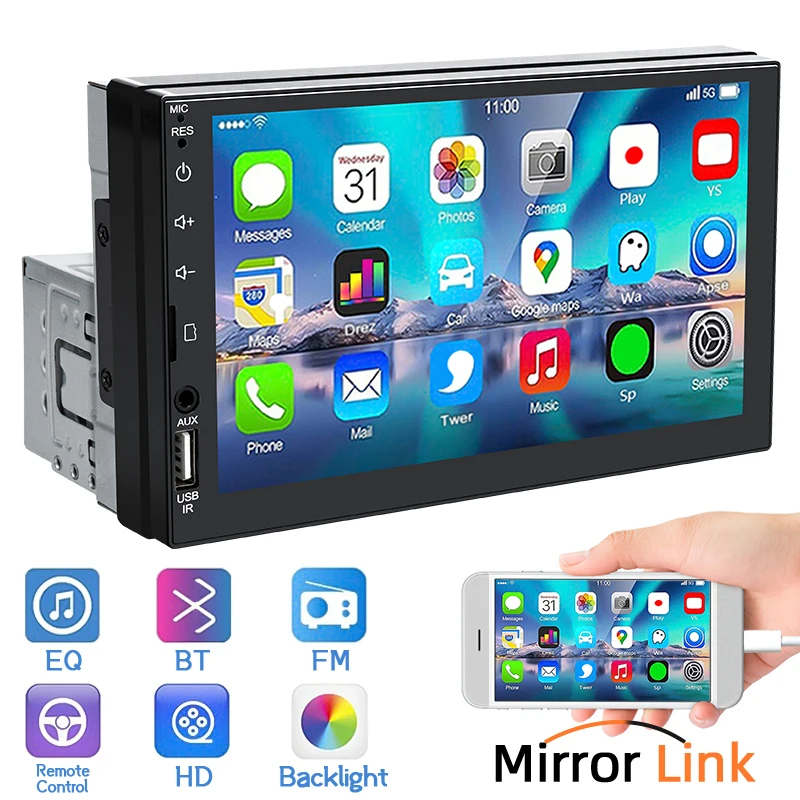 Hippcron 7 "autoradio 1 Din lecteur multimédia MP5 HD écran tactile FM ISO Aux entrée Bluetooth lien miroir Radio automatique universelle