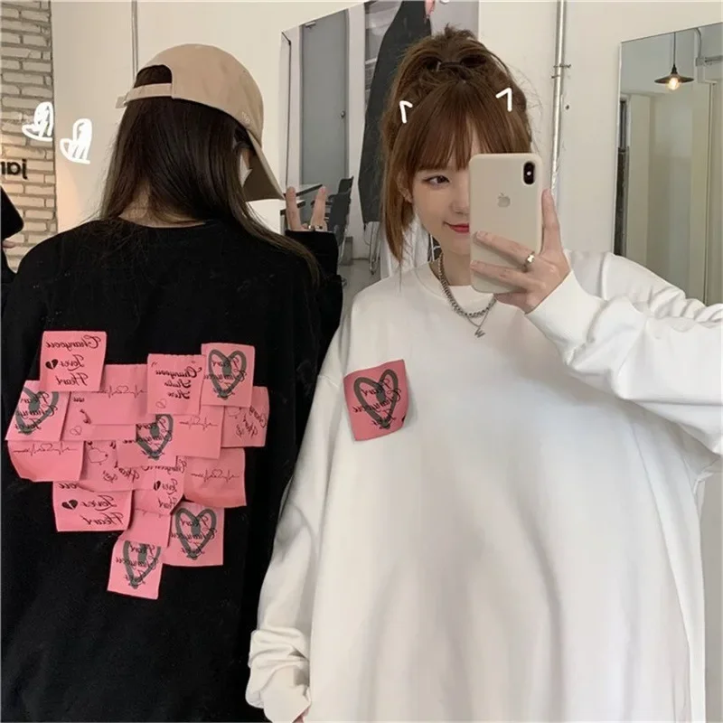 Vibe Sweatshirt Women's Spring Autumn Heart Sticker Vintage Top Korean Style Loose Fit Student Trendy Jacket Crew Neck Design