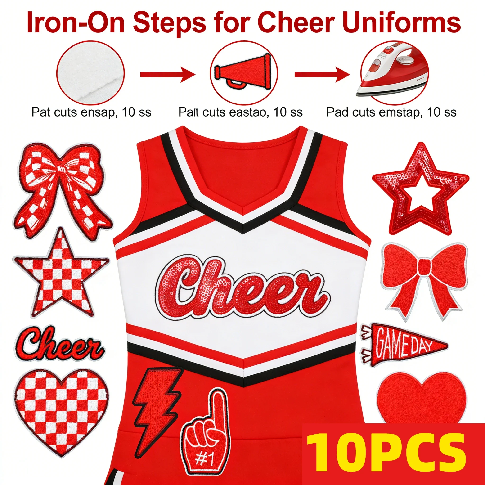 10PCS Red Love Star Embroidery Patches Lightning Bow Design Cheerleader Game Day Iron On For DIY Clothes Decoration A Set Of