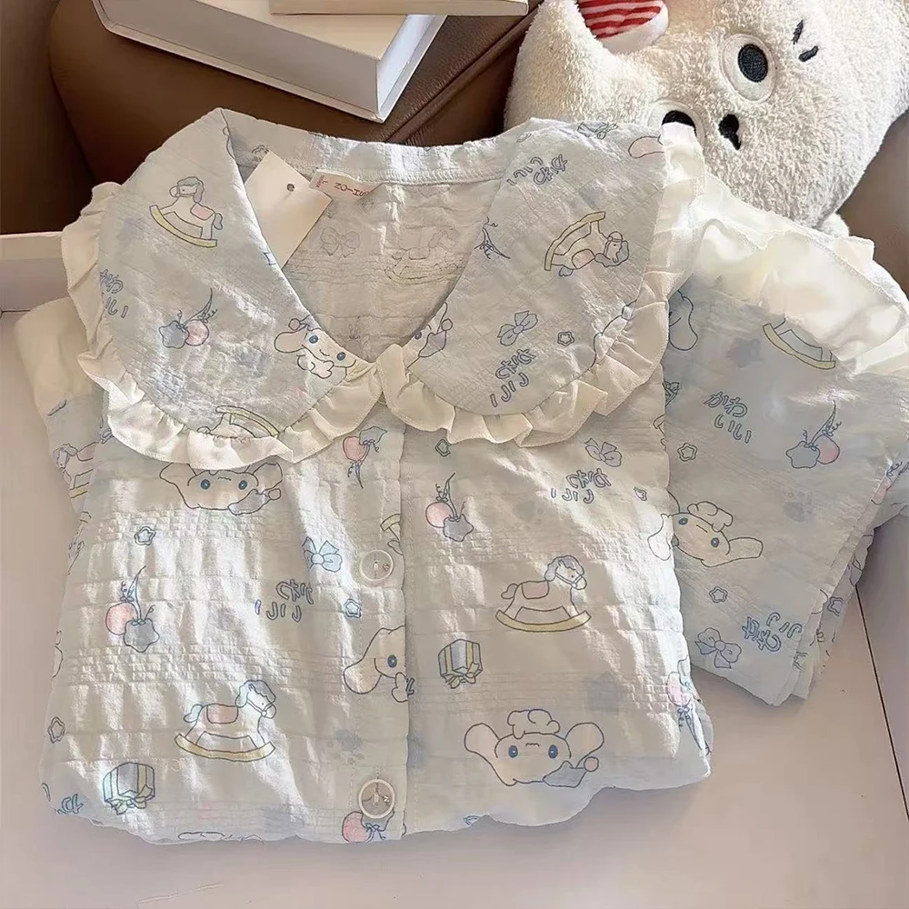 

2Pcs Kawaii Cinnamoroll Pajama Set for Women Anime Long Sleeves Pant Cute Y2K Cartoon Pleated Neck Light Blue Casual Home Wear