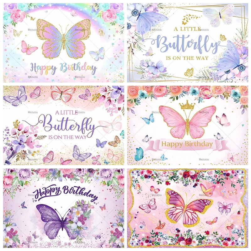 

Butterfly Baby Girl's Birthday Backdrops For Photography Princess Flowers Party Decor Photo Photographic Background Studio Shoot