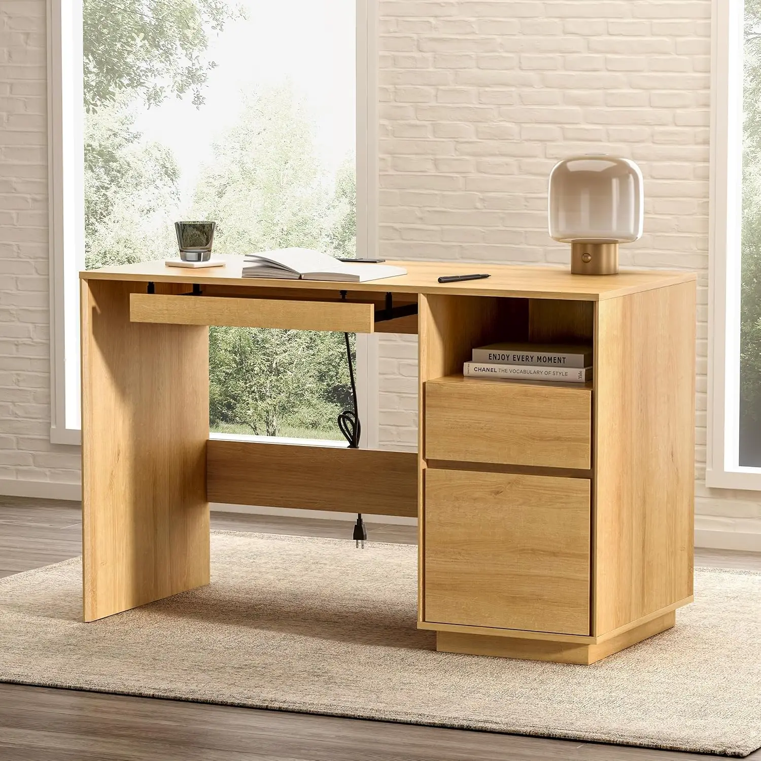 

Home Office Desk, 47 Farmhouse Executive Desk with File Drawer & Outlet, Wood Computer Desks with Keyboard Tray, Workspace for S