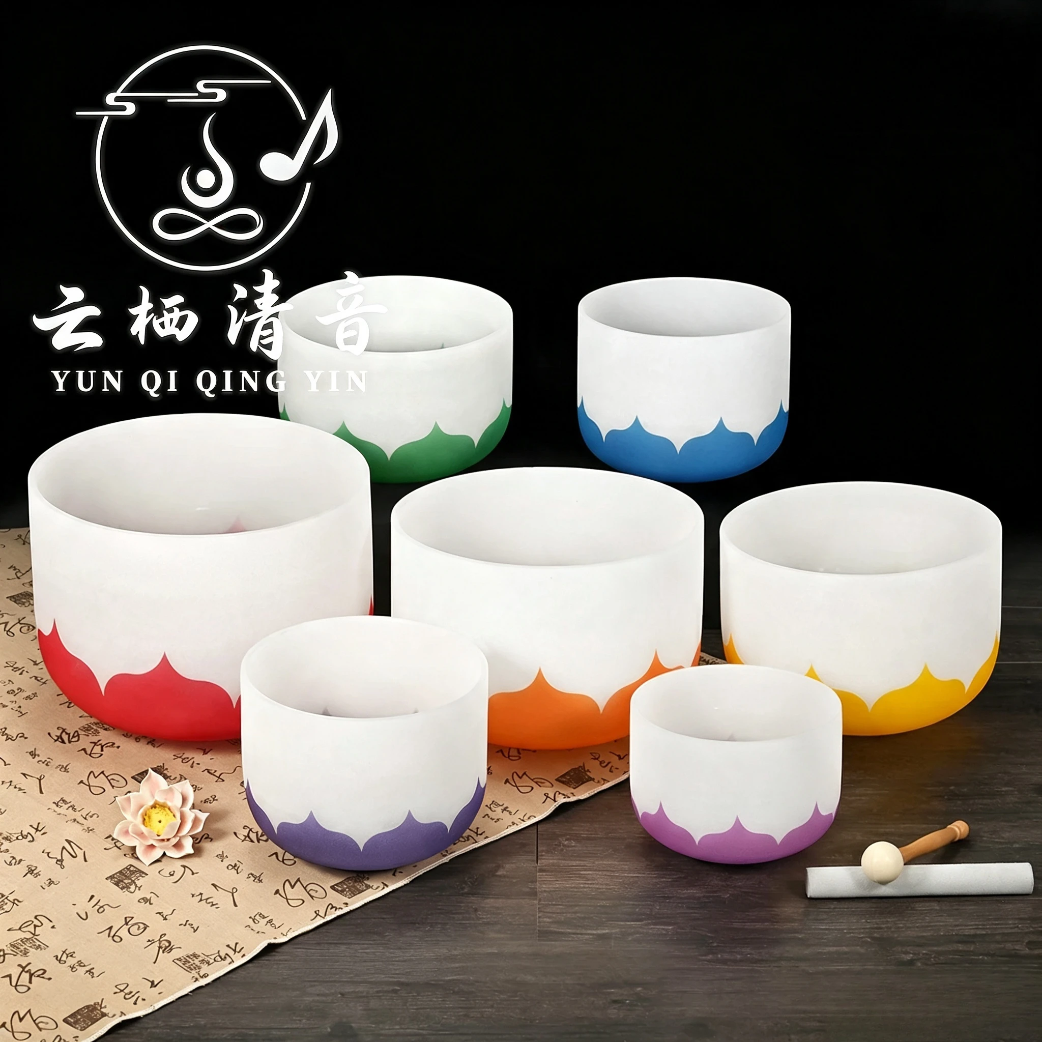 YUN QI QING YIN 7Pcs Lotus Frosted Chakra Crystal Singing Bowl Set 8-14 Inch 432Hz 440Hz Optional With Carry Bags Sound Bath Relax Spiritual Healing Meditation Bowl Pack