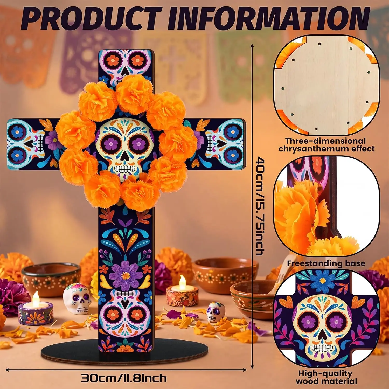 Day of The Dead Table Decor Marigold Sugar Skull Wooden Cross 2 Pcs