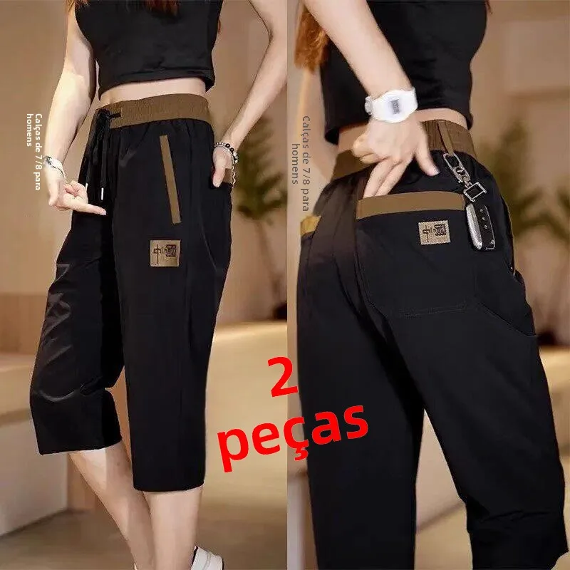 Novos Shorts Masculinos de Seda Gelada 2026, Corte Solto Casual, Calças Esportivas de Sete Pontas, Jeans de Perna Reta Modern...