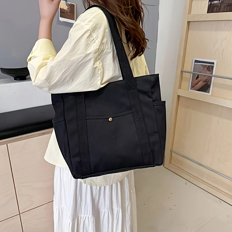 Große Tragetasche mit Reißverschluss - Nylon-Pendlertasche, Beige/Schwarz, Fächer für Uni/Büro/Reisen – Detail 4
