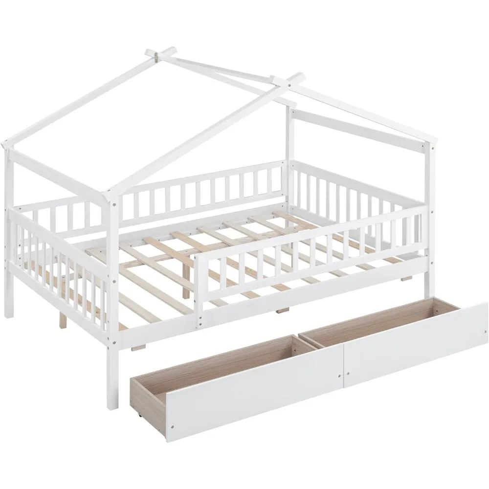 White Wooden Full-Size Children's Bed with Storage Drawers and Side Rails