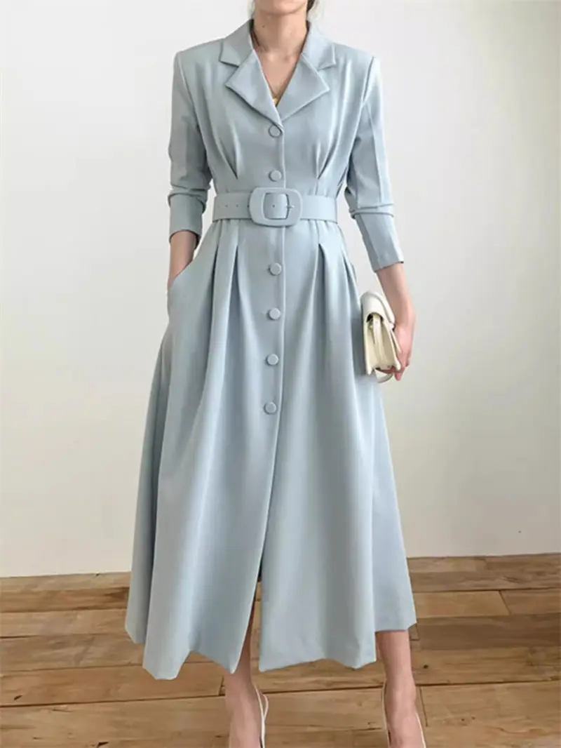 Korean 2024 Spring Fall French Style Formal Dress Suit Collar Single Beasted Waist Slim Full Sleeve Solid Color Long Dress K859