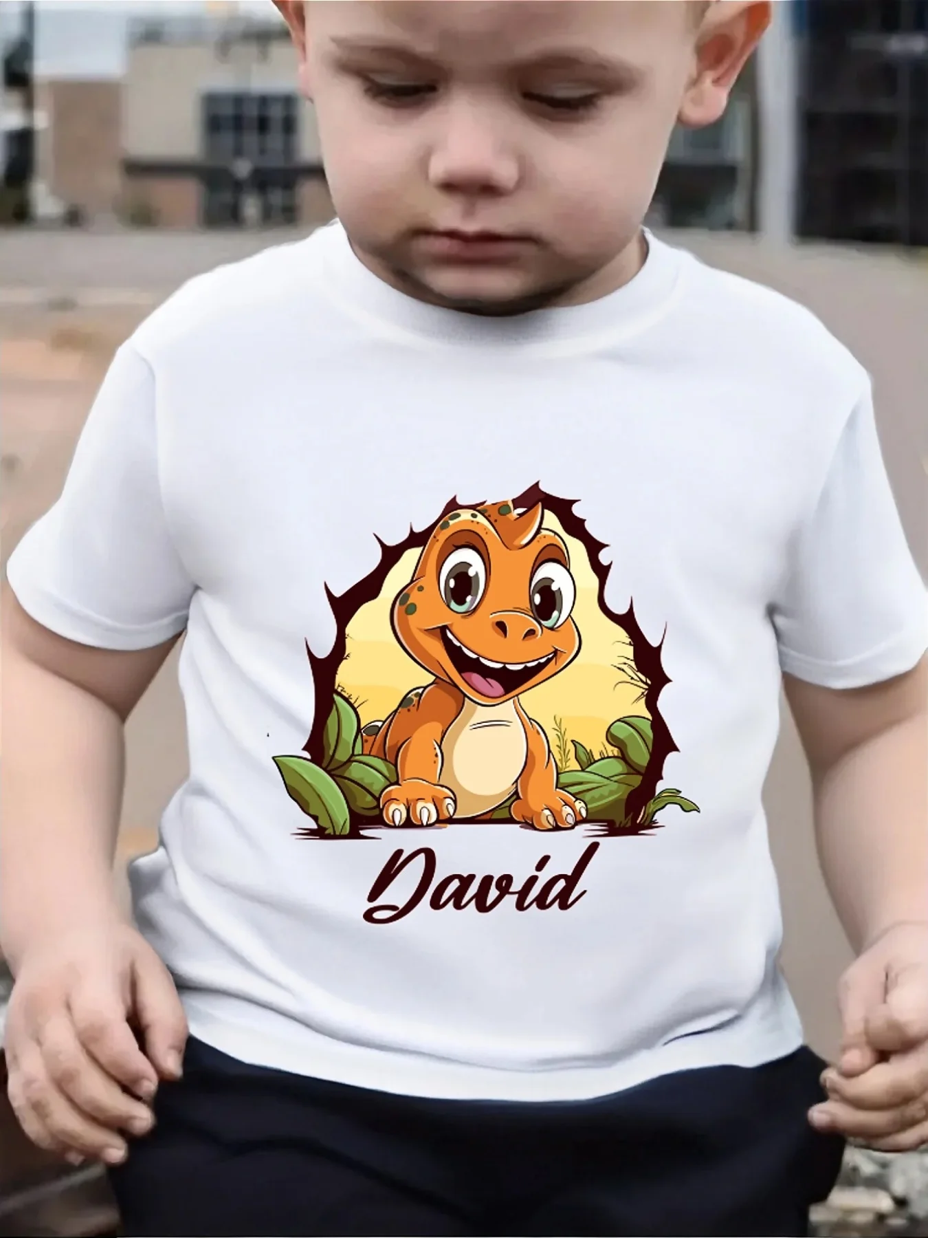 Lovely Personalized Name Little Dinosaur Animal Graphic Family Matching T Shirts Boys Girls Parent Child Daily Wear Cotton Tops