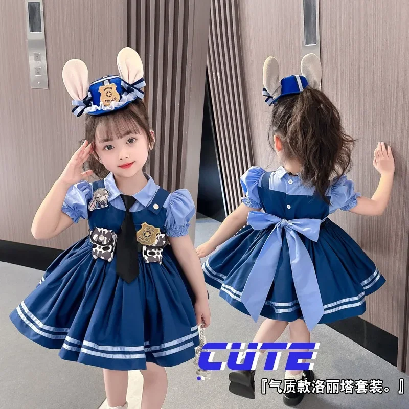 Casual Dress with Rabbit and Police Design, Puff Skirt, Suitable for Performance of Officer Judy New 2024 Girls