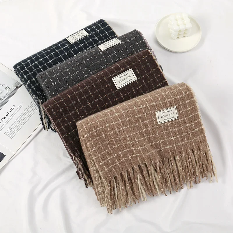 Elegant Retro Plaid Imitation Cashmere Winter Women's Knitted Designer Scarf Thickened Plush Neck Warmer Shawl Patchwork Colors