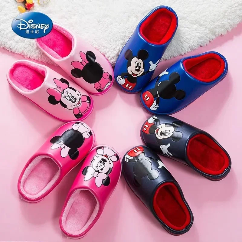 Disney Zimowe dziecięce kapcie bawełniane Baby Boy Girl Cartoon Mickey Minnie Print Indoor Warmth Non Slip Kids PU Home Shoes 28-33