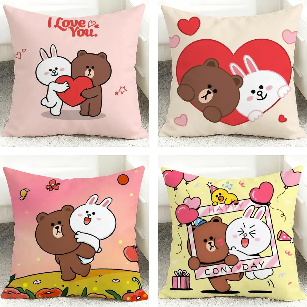 B-Brown Bear And Cony Cushion Cover 40x40cm Square Decorative Sofa Cushion Cover Bedroom Living Room Home Decor Gift