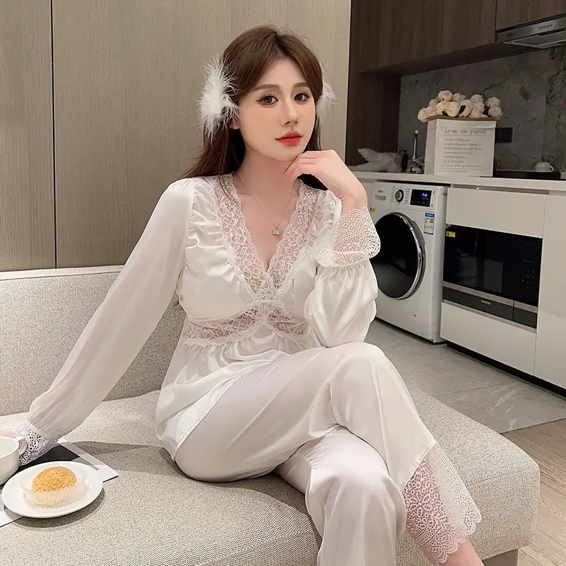 Pajamas Set High-end V-neck Design Lace Lace Home Dress All-season Wear Traf Spring Autumn Women Pure Libido Long Sleeved Pants