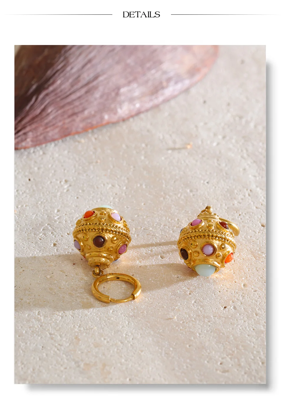 Yhpup 26g Edelstahl Runde Hängeohrringe 18K Goldfarbe PVD-beschichtet Naturstein Exquisiter Französischer Schmuck – Detail 10