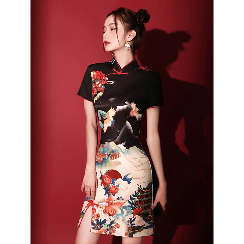 

Elegant Women Cheongsam Sexy Short Chinese Dress Vestidos Girl's Improved Black Hot Street Qipao Print Ancient Palaces Cranes