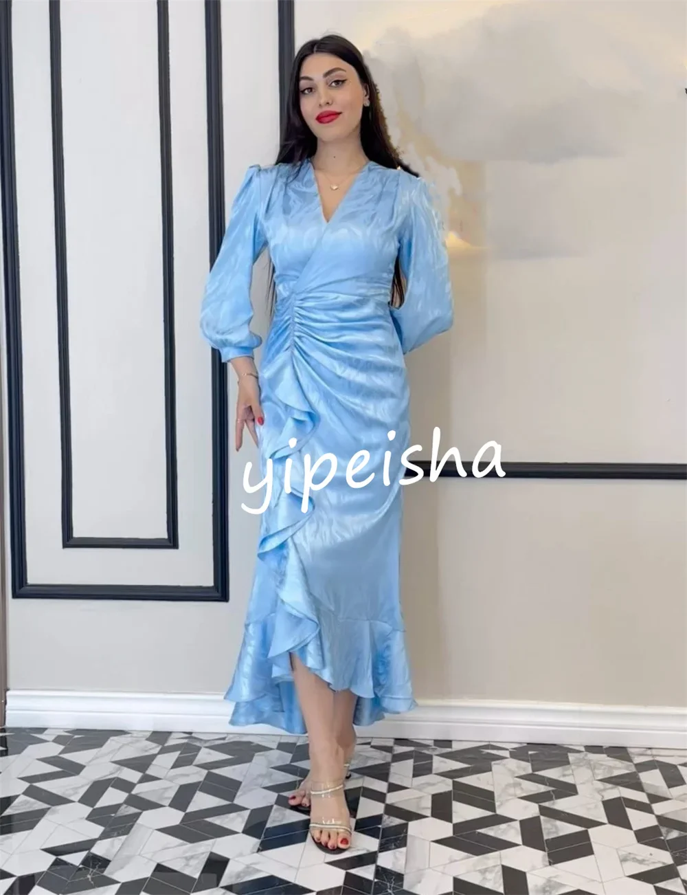 تخصيص رائعة كشكش البوق الخامس الرقبة فساتين متوسطة الطول فساتين السهرة الرسمية عارضة بسيطة الرجعية أزياء أنيقة رائعة سبا #3