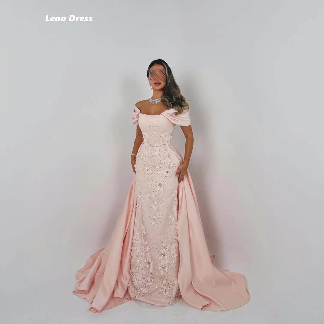 

Lena Luxurious Women's Evening Dresses for Special Occasions Pink Customized Robes De Cocktail Short Sleeves Flowers Fish Tail