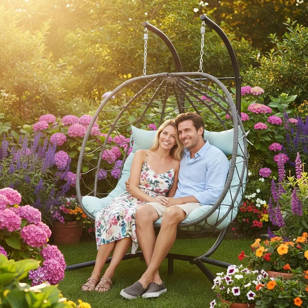 

Double Egg Chair with Stand, Indoor Outdoor Loveseat Hammock Swing Chair, Wicker Chair with Foldable Basket & Thick, Customized