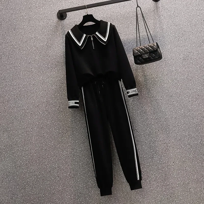 Oversized 4xl Jogging 2 Piece Set Korean Lapel Pullover Sweatshirt + Ankle Length Pant Suits Women Outfits 2023 Spring Tracksuit